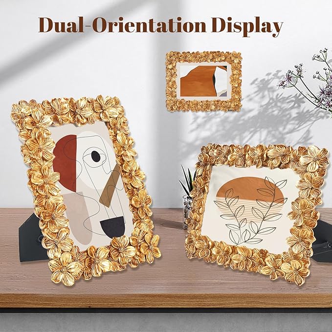 Floral Photo Frame 4x6, Gold Vintage Picture Frames with Carved Flower, Resin Picture Frame with Glass Front, Photos Display for Tabletop or Wall Hanging, Ornate Handmade Photo Frames, Gift Ideas
