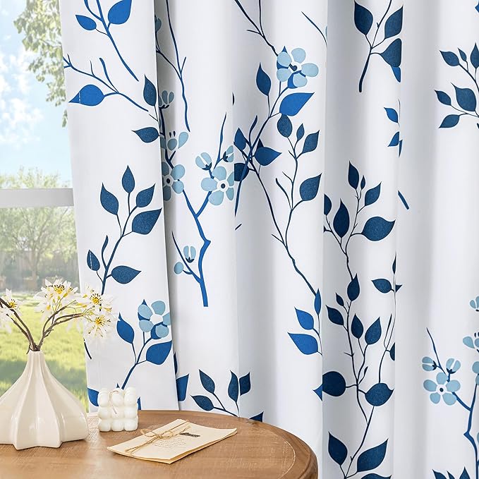 Beauoop Floral 100% Blackout Curtains 72 Inches Long 2 Panels for Bedroom Living Room Navy Blue and White Flower Patterned Room Darkening Thermal Soundproof Grommet Window Treatments Drapes, 52X72