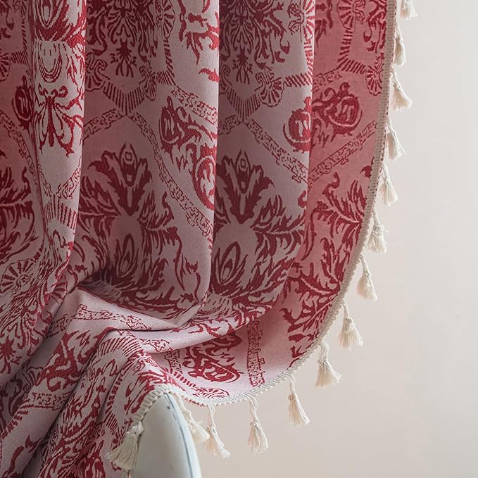 ENJOYBRIDAL Red Damask Curtains 63 Inches Living Room Bedroom Drapes 2 Panel Sets Vintage Semi Sheer Short Window Curtain Panels Dining Room Rod Pocket Jacquard Medallion Patterned Window Treatments