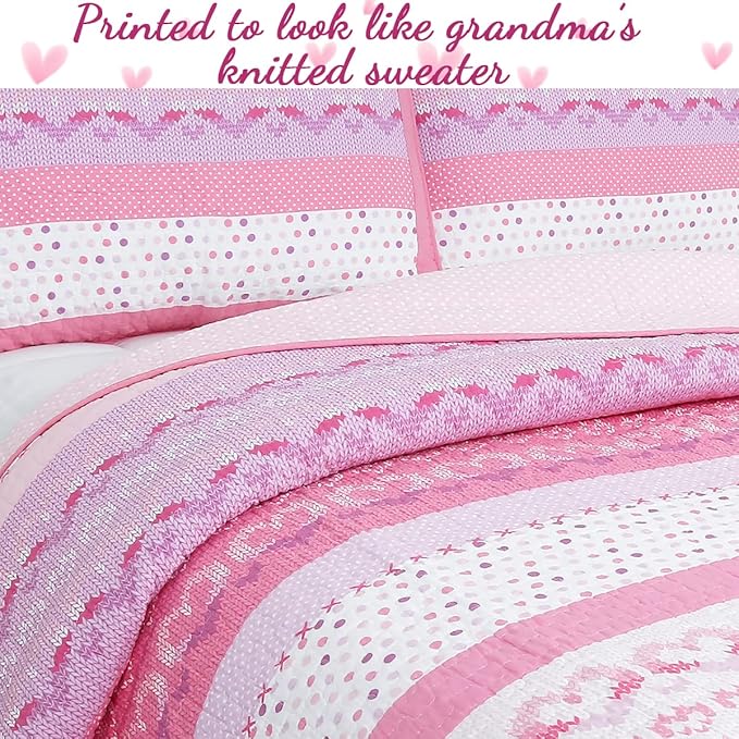Cozy Line Home Fashions 100% Cotton Pink Heart Polka Dot Girl Reversible Bedding Quilt Set, Bedspread Coverlet for All Seasons (Butterfly Knit, Queen-3 Piece)