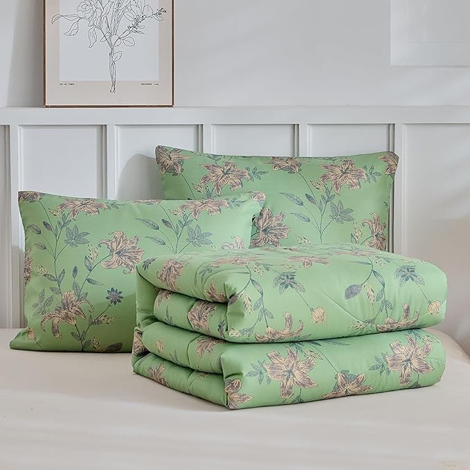 VM VOUGEMARKET Garden Flower Comforter Set King Green Floral Bedding Comfortet Set Soft Microfiber Bedding Set 1 Comforter and 2 Pillowcases Chic Botanical Comforter Set for Girls Women