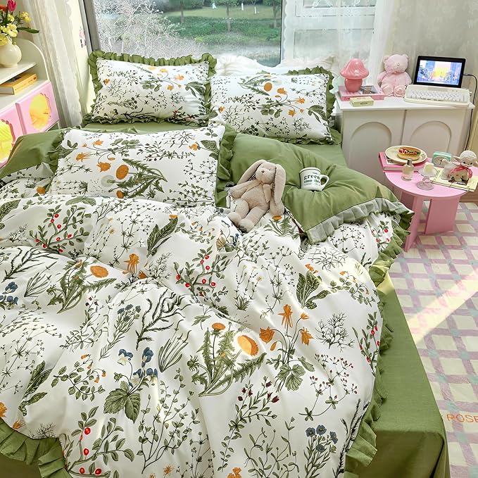 Botanical Floral Duvet Cover with Green Ruffle 100% Cotton Vibrant Flower Duvet Cover Twin Girls Romantic Comforter Cover Princess Lace Coquette Bedding Vintage Aesthetic Flower Comforter Cover Twin