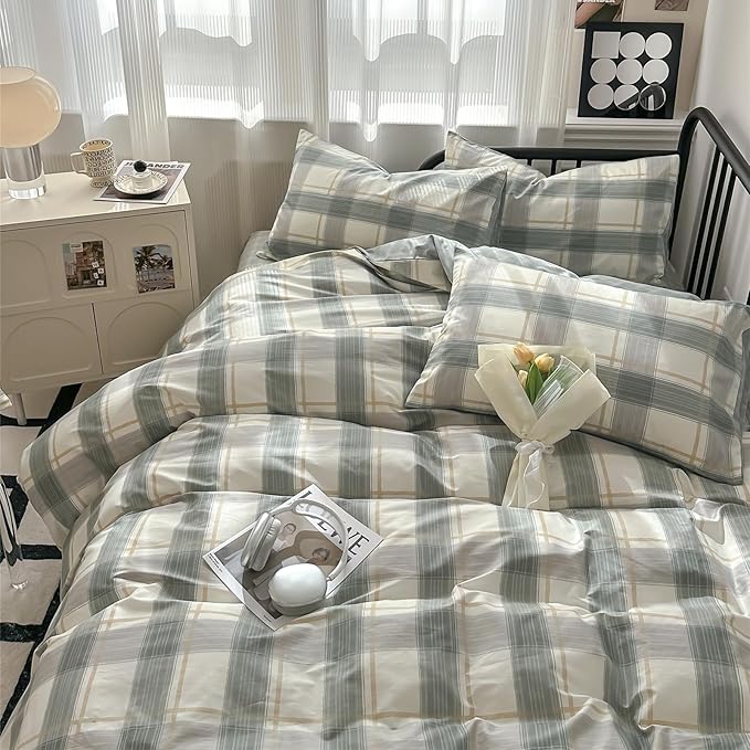Plaid King Comforter Set Geometric Plaid Grid Comforter Set Fluffy Microfiber Bedding Comforter Farmhouse Checkered Comforter Set for All Season 3 Piece Plaid Bedding Comforter Set King Size Bed Set
