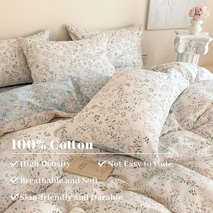 EAVD Girls Floral Botanical Duvet Cover Twin Soft Cotton Chic Shabby Garden Floral Leaves Print Bedding Set with 2 Pillowcases Fresh Cute Floral Comforter Cover with Zipper Closure