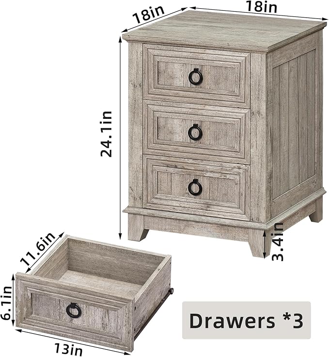 18" Farmhouse Night Stand with 3 Drawers, Wood End Table Dresser for Bedroom, Retro Oak Nightstand, Bed Side Table with Metal Handle, Bedside Cabinet for Bedroom Living Room, Closet