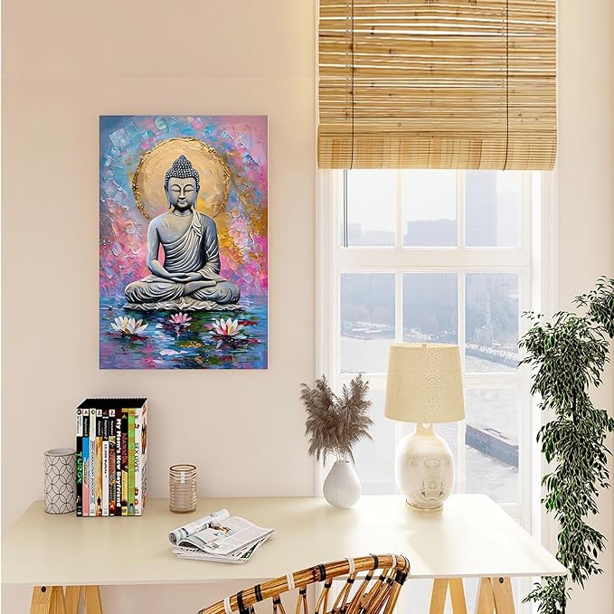 Lotus and golden Buddha meditation tranquil zen wall art mindfulness wall art for spiritual harmony and tranquility decor 28x40in Wood Framed