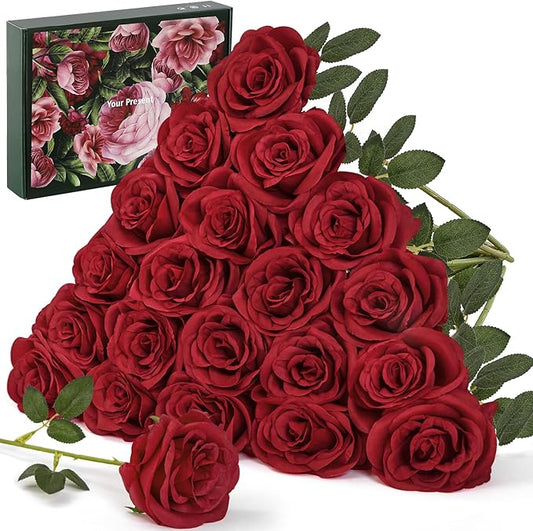 20PCS Artificial Dark Red Roses, 3.9'' Silk Flower Head Fake Red Rose with Long Stems, Realistic Faux Roses Bouquet for Mother's Day DIY Wedding Home Party Office Decoration