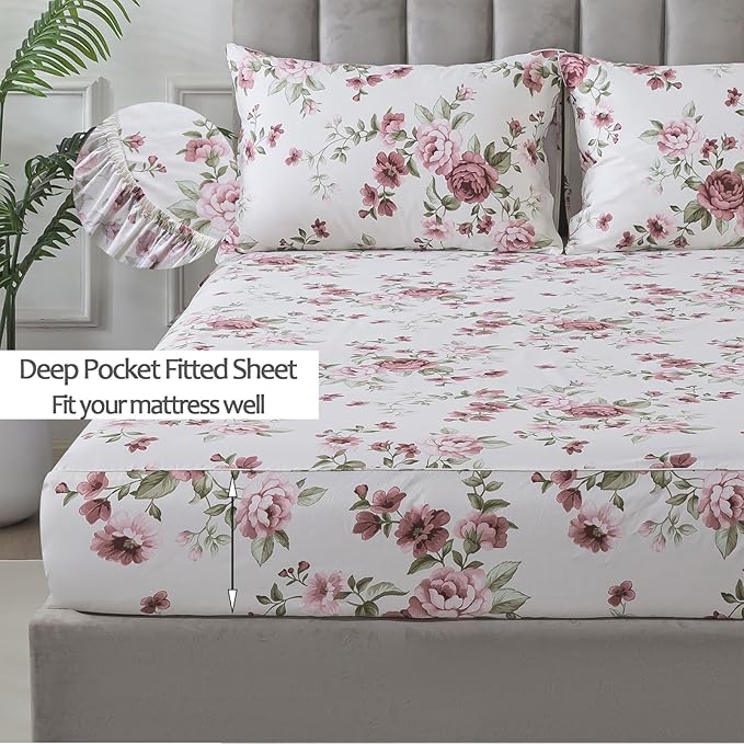 FADFAY Beige Vintage Floral King Size Sheets Set Premium 100% Cotton Shabby Brick Red Rose Pattern Bedding Set Deep Pocket Sheets with 2 Pillowcases Luxury Breathable Soft 4Pcs, King Size