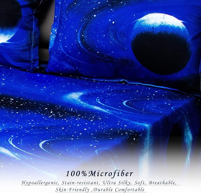 Bedlifes Galaxy Outer Space Sheet Set, Galaxy Themed, 3 pcs Including Flat Sheet, Fitted Sheet, and 1 Pillowcase (Light Blue Twin)