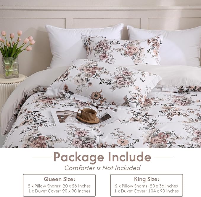 LONAVA King Floral 3 Pcs Duvet Cover Set, Breathable Soft Microfiber Light Grey Lining Comforter Cover with Zipper Closure, and 2 Anti-Pilling, Fade Resistant Pillowcases, Withered Flowers