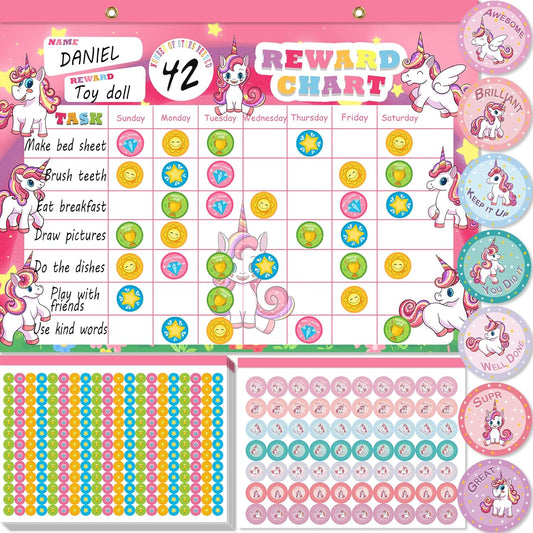 Skiennix Unicorn Magnetic Reward Chart for Kids - 26 Chore Charts & 2080 Star Stickers | Pink