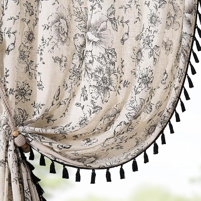 JINCHAN Linen Blend Floral Curtains for Living Room & Bedroom - 63 Inch Length Printed Curtains with Tassels & Rod Pocket - Farmhouse Rustic Peony Flower Patterned Drapes - Set of 2 Panels