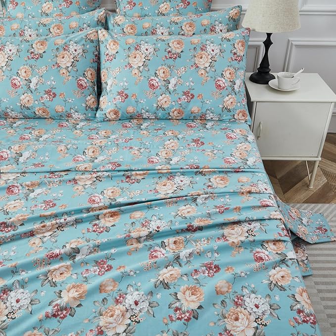FADFAY Blue Vintage Floral Twin Size Sheets Set Premium 100% Cotton Shabby Rose Pattern Cottagecore Bedding Set Deep Pocket Sheets with 2 Pillowcases Luxury Breathable Soft 4Pcs, Twin Size