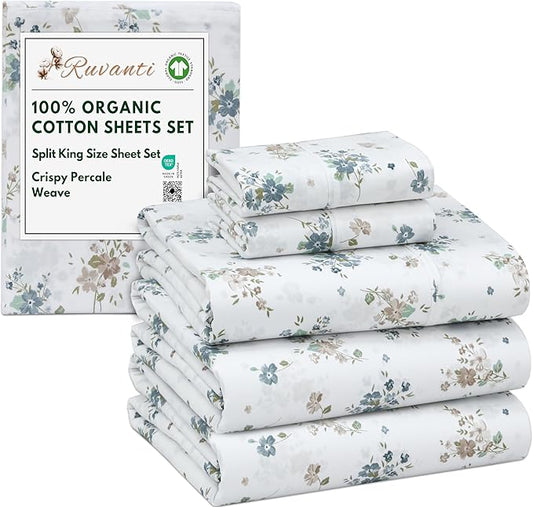 RUVANTI 100% Organic Cotton Sheets Split King, Percale Weave, GOTS Certified, 5-Piece Set, Deep Pocket 15", Crisp & Breathable, Soft Durable Bedding, Sábanas Algodón Orgánico – Halcyon