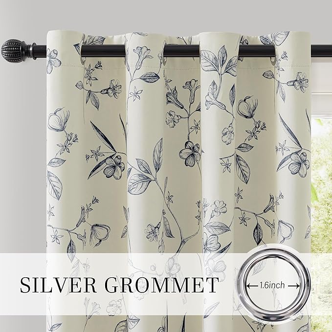 ChrisDowa Beige 100% Blackout Curtains 108 Inches Long 2 Panels for Bedroom Living Room Navy Blue Flower Patterned Room Darkening Thermal Insulated Soundproof Grommet Window Treatments Drapes,52X108
