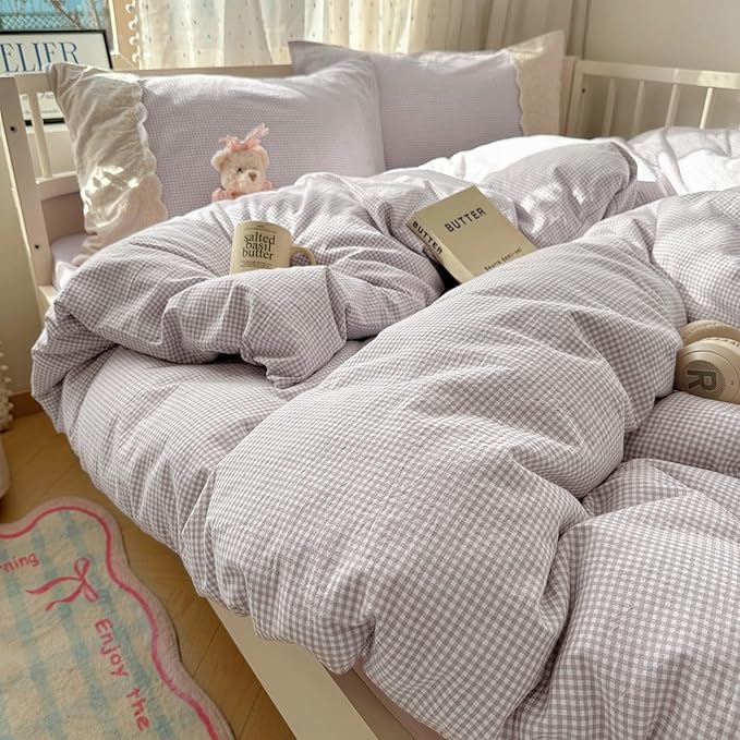 LifeTB Purple Gingham Duvet Cover King Cozy Washed Microfiber Purple Checkered Plaid Duvet Cover with 2 Pillowcases Romantic White Lace Comforter Cover 3 Pieces Gingham Grid Bedding Set