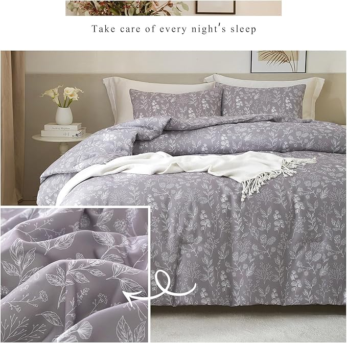 EAVD Garden Grey Floral Duvet Cover Full Soft Cotton Chic Shabby Cute Floral Bedding Set with 2 Pillowcases Fresh Reversible Vintage Botanical Duvet Cover with Zipper Closure