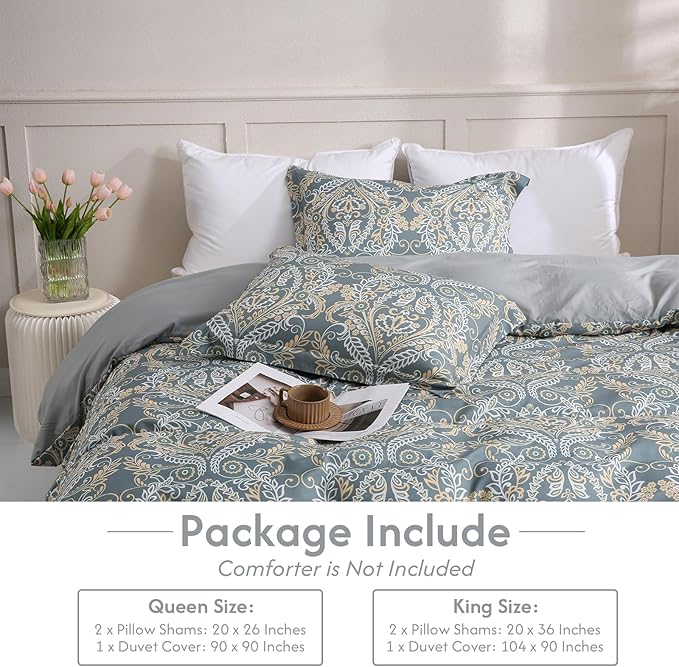 LONAVA King Paisley 3 Pcs Duvet Cover Set, Breathable Soft Microfiber Grey Lining Comforter Cover with Zipper Closure, and 2 Anti-Pilling, Fade Resistant Pillowcases, Green Pasliey