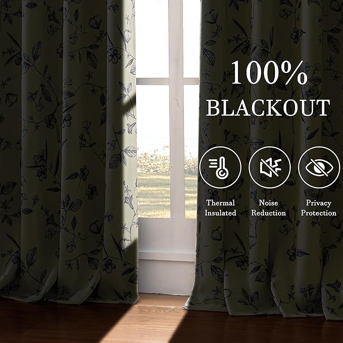 ChrisDowa Beige 100% Blackout Curtains 63 Inches Long 2 Panels for Bedroom Living Room Navy Blue Flower Patterned Room Darkening Thermal Insulated Soundproof Grommet Window Treatments Drapes,52X63