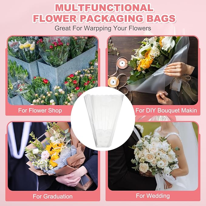 YELARXI Clear Flower Wrapping Bags, Transparent Flower Packaging Bag Waterproof Bouquet Sleeves with Lace - Fitting for (Florists/Floral Arrangements Supplies), 13.8x3.9x19.7 Inch & 100Pcs