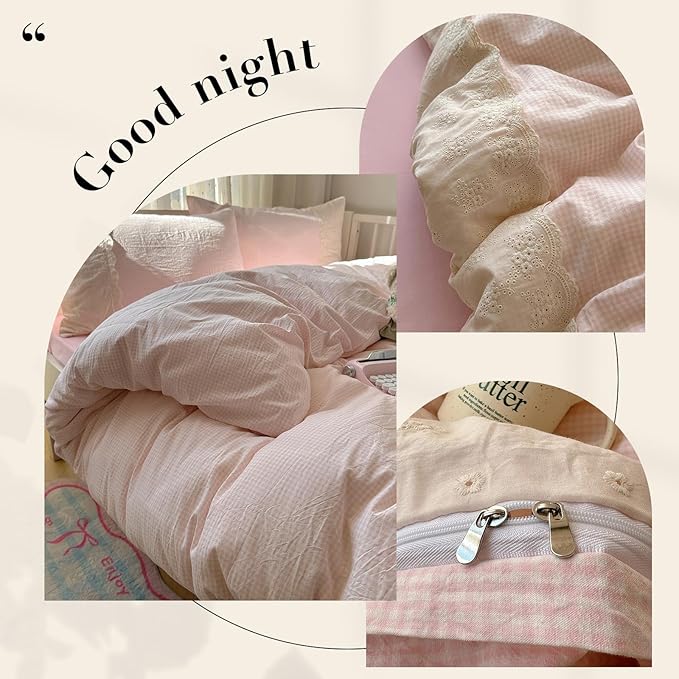 LifeTB Pink Gingham Duvet Cover Twin XL 3 Pieces Romantic Lace Duvet Cover Pink Plaid Checkered Comforter Cover with 2 Pillowcases Soft Breathable Microfiber Grid Farmhouse Plaid Bedding Set