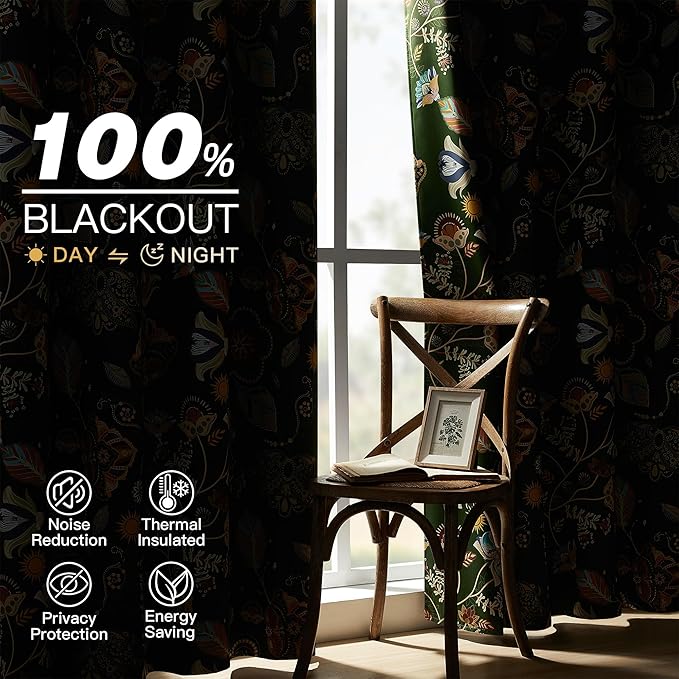 XiDi Green Floral Curtains 63 Inches Long 2 Panels Vintage Patterned Blackout Curtains for Bedroom Living Room Thermal Insulated Grommet Luxury Cottage Core Botanical Printed Drapes Moss Green 52x63