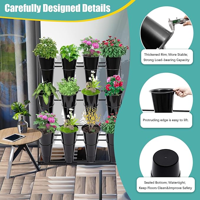3 Layers Flower Display Stand with 12PCS Buckets Moving Fresh Flower Rack Metal Florist Bouquet Shelf with Wheels Flower Display Stand for Indoor Living Room Florist,39.3*19.6*43.3inch,Black