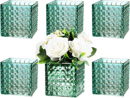 Square Vases Set of 6, 5" x 5" x 5" Square Glass Vases for Flowers, Green Flower Vase for Centerpieces, Small Bubble Vase for Wedding, Party, Home, Office, Parties, Events