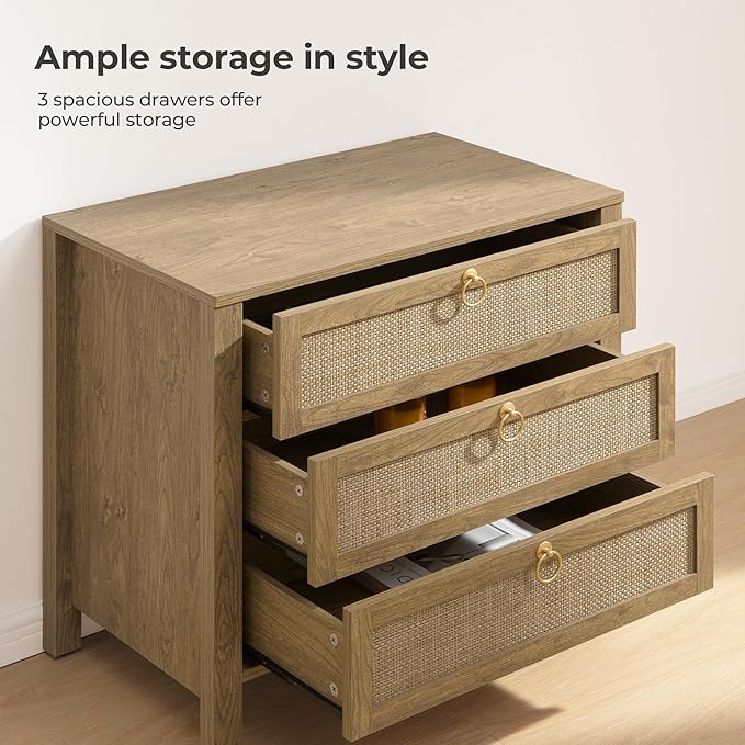 SICOTAS Nightstand Set 2 with Drawers - Large Rattan Bedside Table with Golden Handle, 3 Drawers Night Stand Tall End Table 26.78" Wide Side Table Boho Nightstand for Bedroom