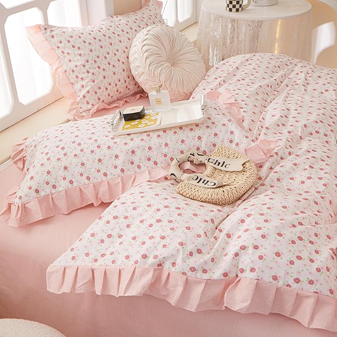 Garden Pink Floral Comforter Set Twin XL French Style Girls Flowers Comforter Fluffy Soft Chic Floral Bedding Set Vintage Botanical Ruffled Comforter with 2 Pillowcases Pink Flower Lace Comforter Set