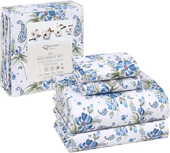 RUVANTI 100% Cotton California King Sheet Sets, 4 Pieces, Soft & Breathable Percale Weave Bedding, Deep Pocket 14", Hotel Standard, Crisp Cool Feel & Durable, Perfect Floral Sheets, Paislyona