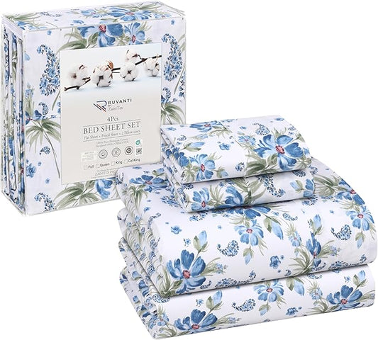 RUVANTI 100% Cotton Full Size Bed Sheets, 4 Pieces, Soft & Breathable Percale Weave Bedding, Deep Pocket 16", Hotel Standard, Crisp Cool Feel, Durable, Perfect Sheet Set Floral, Paislyona