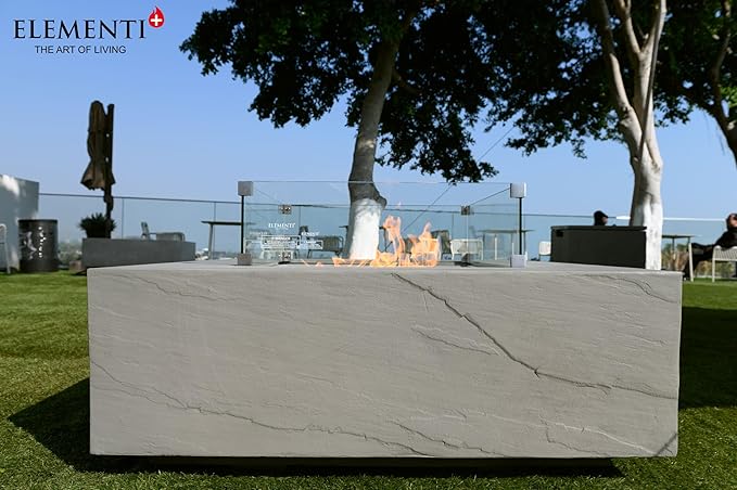 Elementi+ | Bundle Capertee Gas Fire Pit Cast Concrete 40" Square Fire Table, Outdoor Fire Pit Electronic Ignition | Canvas Cover, Fire Glass and Burner Lid Included | Light Gray | Propane Gas