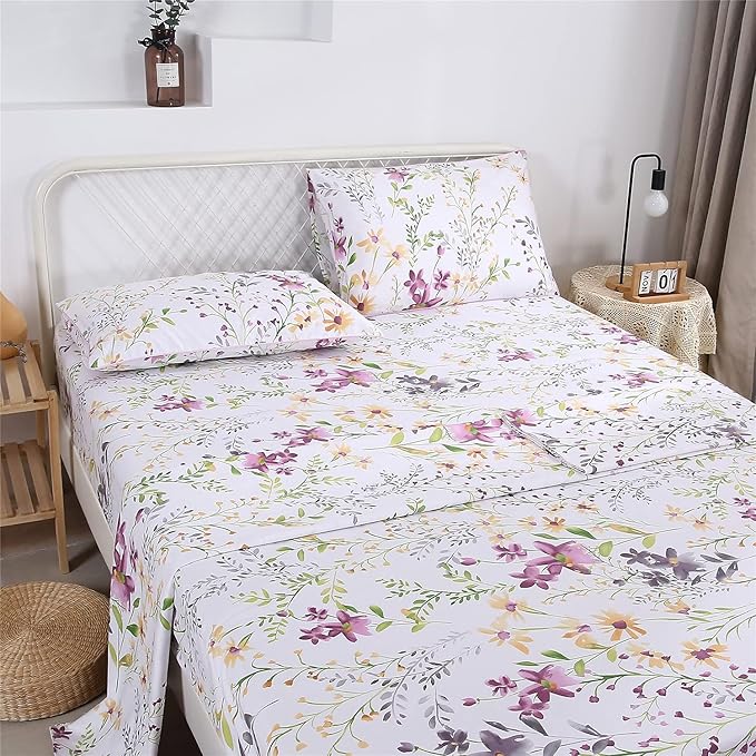 RYNGHIPY Cotton Floral Bed Sheet Set Queen Size Botanical Flowers Print Bedding Shabby Garden Floral Bed Sheets
