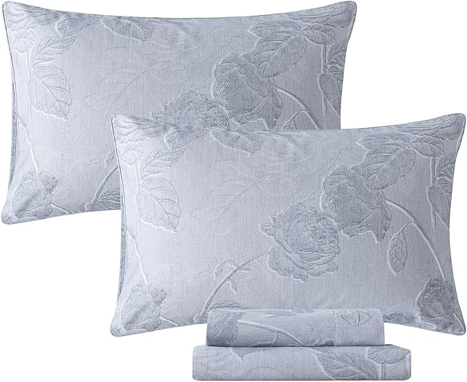 FADFAY Grey Vintage Floral Queen Size Sheets Set 100% Brushed Cotton Shabby Rose Flower Pattern Bedding Set Deep Pocket Sheets with 2 Pillowcases Luxury Breathable Soft 4pcs, Queen Size