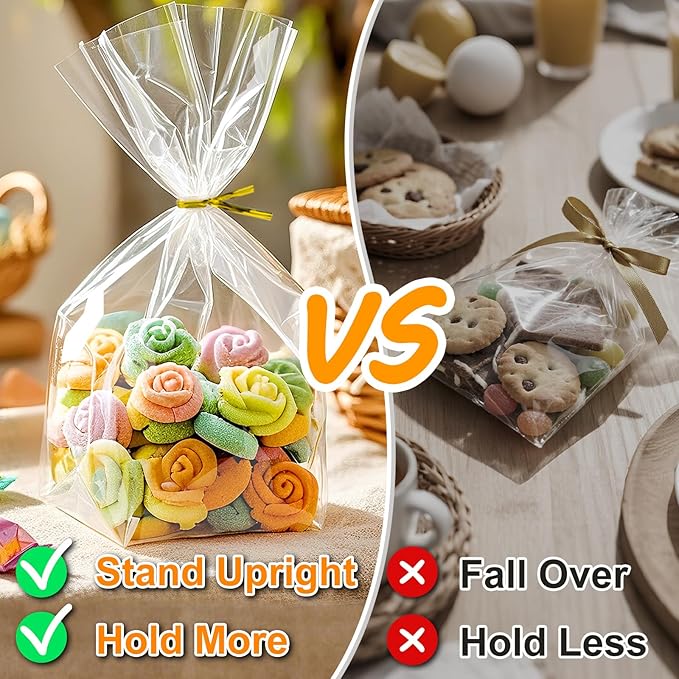 PigPotParty Cellophane Bags 8"x11", 100 Pack Clear Gift Bags, Bottom Gusset for Stand-Up Display, Plastic Cellophane Gift Wrap, Ideal for Mugs, Goodies, Treats, Party Favors, Includes Gold Ties