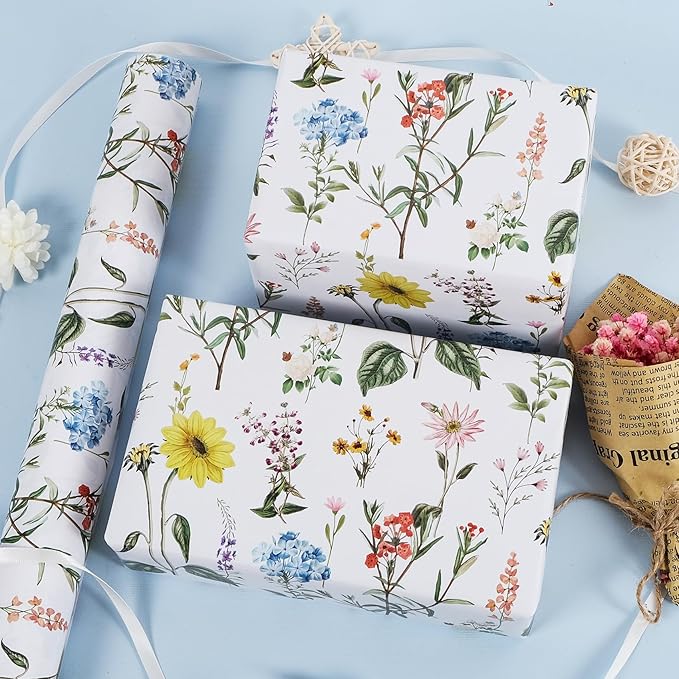 RayofSun Floral Wrapping Paper Roll 17 in x 16.5 ft Mini Roll Yellow Flower Wildflowers Plants Gift Wrap Paper for All Occasion Wedding Birthday Bridal Shower Party Baby Shower Christmas