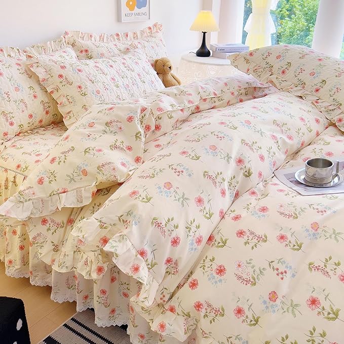 EAVD French Garden Style Ruffle Pink Flower Duvet Cover King Soft Cotton Shabby Chic Pink Flower Bedding Set with 2 Pillowcases Romantic Botanical Print Duvet Cover with Zipper Closure