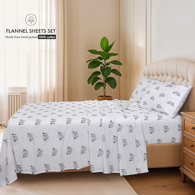 RUVANTI Flannel Sheets Queen Size - 100% Cotton Double Brushed Bed Sheets, Deep Pockets 16 Inches Queen Sheet Set, All Seasons Breathable & Extra Soft - Warm & Cozy, 4 Piece, Soul Dog White