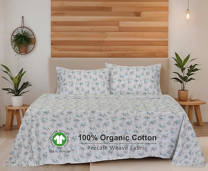 RUVANTI 100% Organic Cotton Sheets Twin XL, Percale Weave, GOTS Certified, 3-Piece Set, Deep Pocket 15", Crisp & Breathable, Soft Durable Bedding, Sábanas Algodón Orgánico – Blue Rose