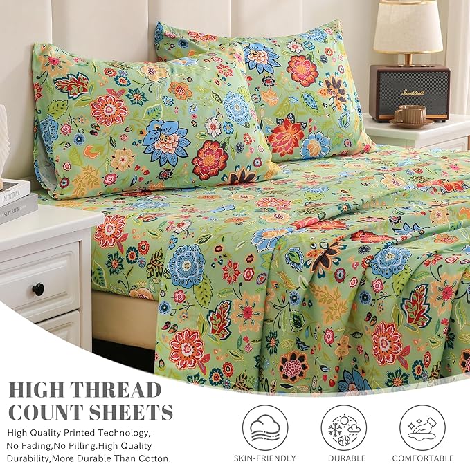 Bedlifes Twin Sheet Set Ultra Soft, Breathable, Silky Flower Deep Pocket 100% Microfiber Bedding, 3 Piece Twin Size with Floral Sage Green
