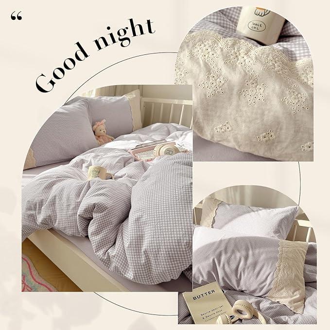 LifeTB Purple Gingham Duvet Cover Twin Cozy Washed Microfiber Purple Checkered Plaid Duvet Cover with 2 Pillowcases Romantic White Lace Comforter Cover 3 Pieces Gingham Grid Bedding Set
