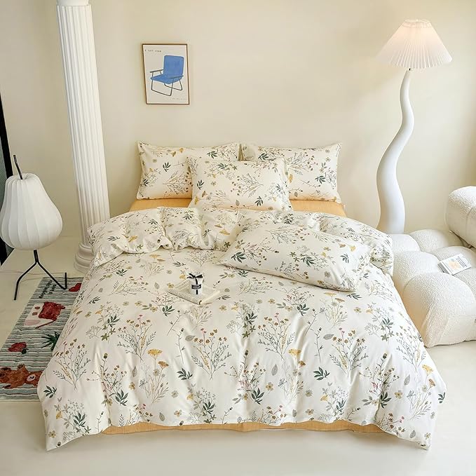 HighBuy Girl Yellow Floral Comforter Set Twin XL Vintage Botanical Comforter Set 3 Piece Boho Chic Fluffy Comforter for College Teen,1 Floral Comforter with 2 Pillowcases,All Season