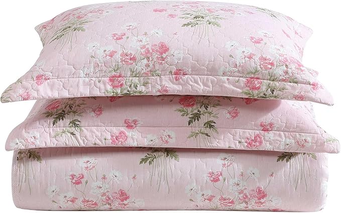 Laura Ashley - Twin Quilt Set, Reversible Cotton Bedding with Matching Sham, Medium-Weight for Year Round Use, Dorm Essentials, Coquette Room Decor (Veronicas Bouquet Pink)