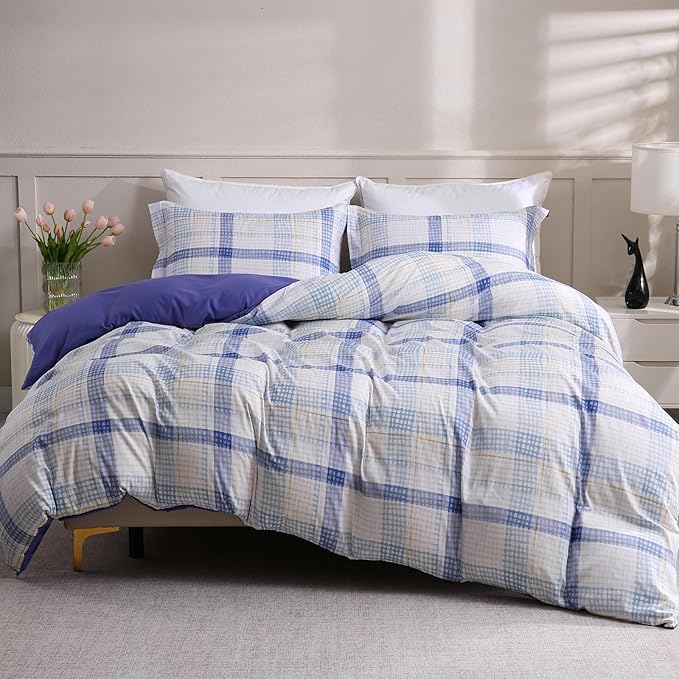 LONAVA King Plaid 3 Pcs Duvet Cover Set, Breathable Soft Microfiber Peri Lining Comforter Cover with Zipper Closure, and 2 Anti-Pilling, Fade Resistant Pillowcases, Blue Plaid