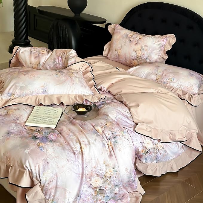HighBuy Pink Floral Ruffle Duvet Cover Twin XL,Ruffle Lace Floral Bedding Set for Girl College,Soft Brushed Cotton Comforter Cover with Zipper for Hot Sleepers,Breathable & Fade-Resistant