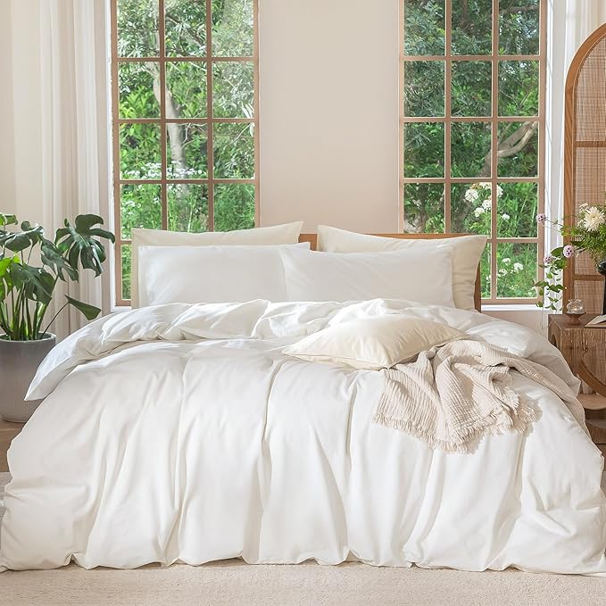 MooMee Bedding Duvet Cover Set 100% Washed Cotton Linen Like Textured Breathable Durable Soft Comfy (Solid Off White, Alaska King 132"x120")
