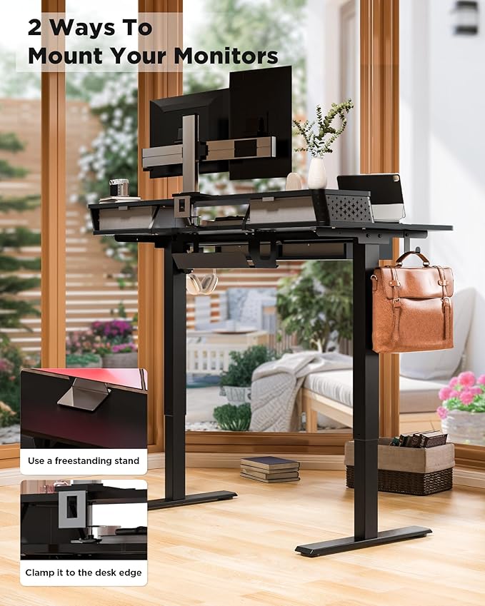 FiCiHi Adjustable Height Standing Desk with 4 Drawers,40 x 24 inches Electric Sit Stand Home Office Desk with Two Tiers, 3 Memory Presets, Monitor Stand Riser, C-Clamp Mount Compatible