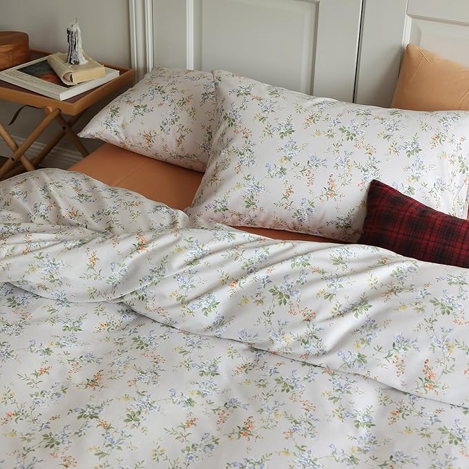 EAVD Vintage Style Garden Floral Duvet Cover Full Soft Cotton Chic Shabby Floral Pattern Bedding Set with 2 Pillowcases Fresh Botanical Comforter Cover with Zipper Closure