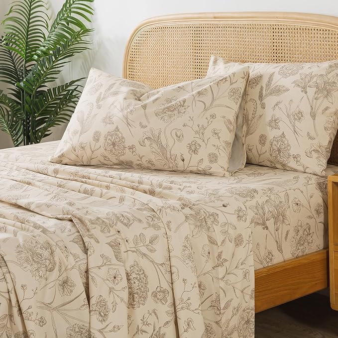 Zusbest Full Size Sheets 100% Percale Cotton Beige Floral Bed Sheet, Brushed for Extra Softness, Breathable Luxury Toile Flannel Sheets Like Khaki Flower Print Deep Pocket Bed Set 17.5'' 4 Pcs